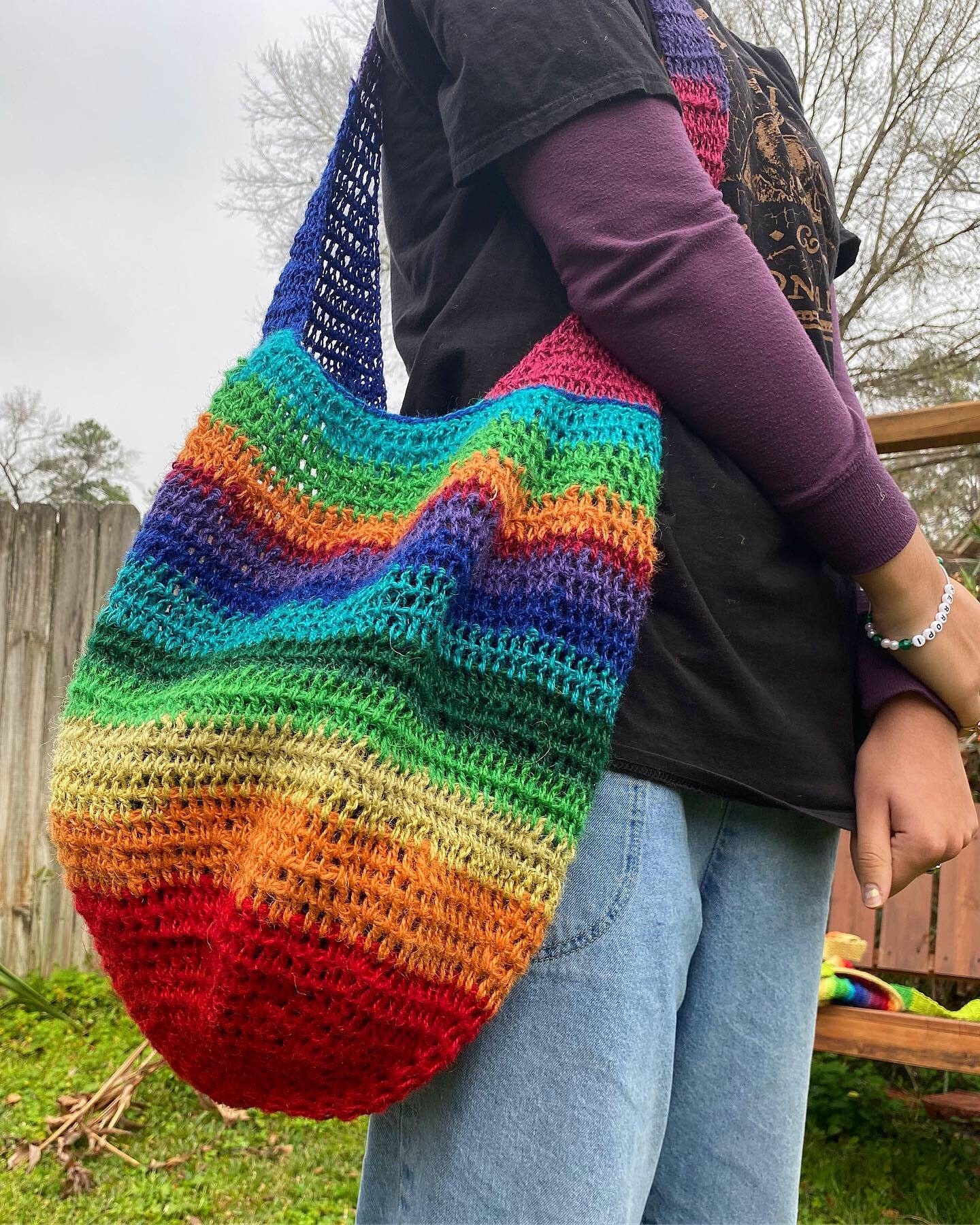 Crochet Pride Tote Bag Rainbow Shoulder Bag for School 