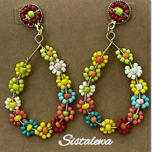 Flower Beaded Colorful Gold tone Earrings