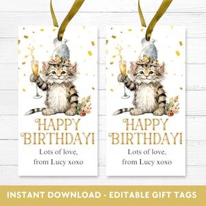 Editable Cat Birthday Gift Tag, Last minute birthday gift, Cat birthday theme, Cat birthday card, Cat birthday party tag, Cat favour tag