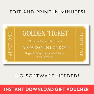 Editable Event Golden Ticket, Last minute gift voucher, Print at home Birthday Voucher, Digital Gift Voucher, Gold Ticket Printable