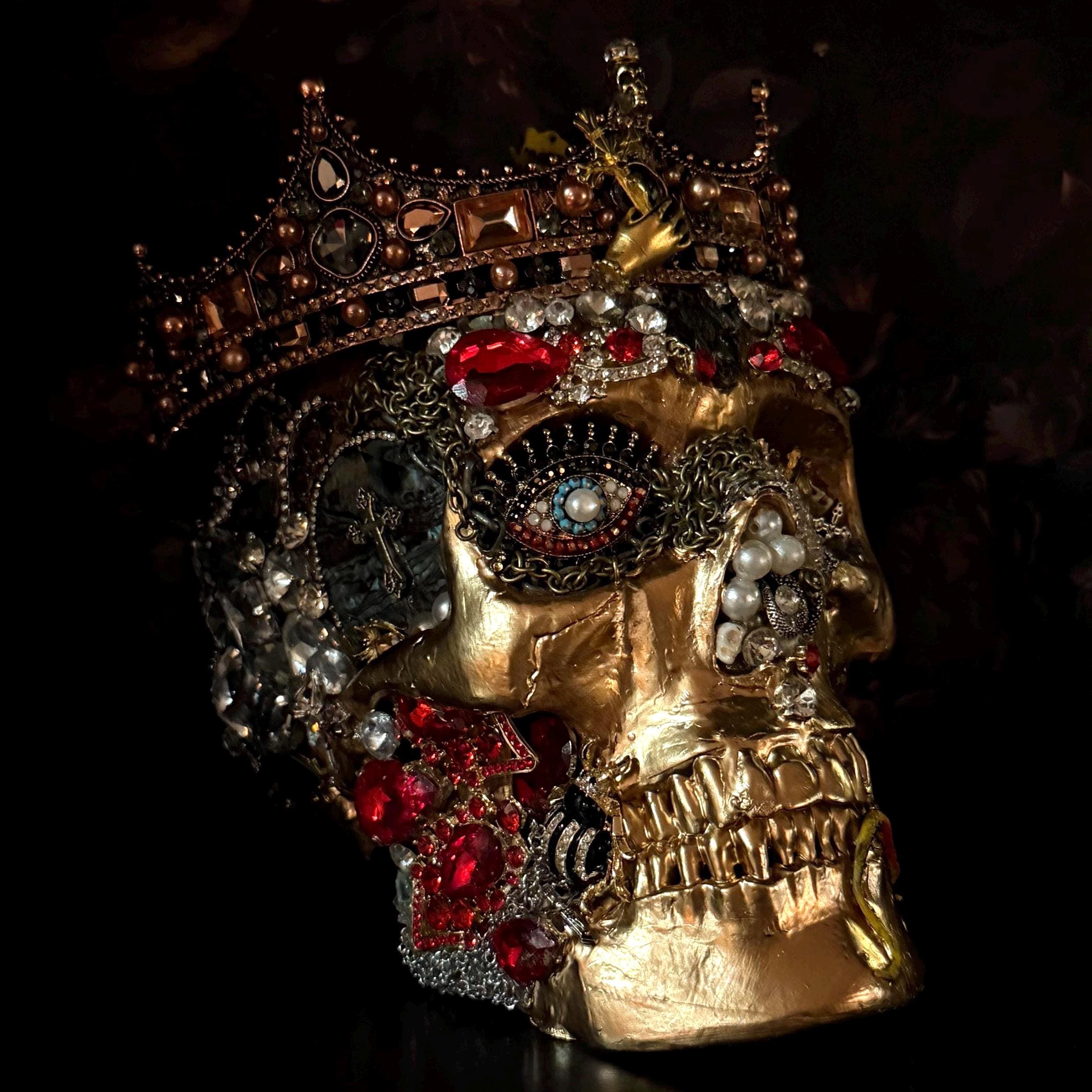 Bejeweled Gothic Skull Reliquary: Handcrafted Macabre Art Decor