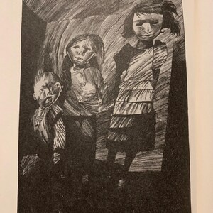 May include: A black and white ink illustration depicting three figures standing in a row. The figures are rendered with heavy, expressive hatching and cross-hatching lines, creating a dark, textured appearance against a lighter background.