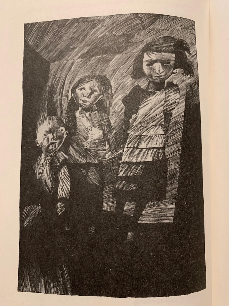 May include: A black and white ink illustration depicting three figures standing in a row. The figures are rendered with heavy, expressive hatching and cross-hatching lines, creating a dark, textured appearance against a lighter background.
