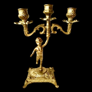 Vintage Gilded Brass Cherub Candelabra – Three Arm Candle Holder with Ornate Rococo Base