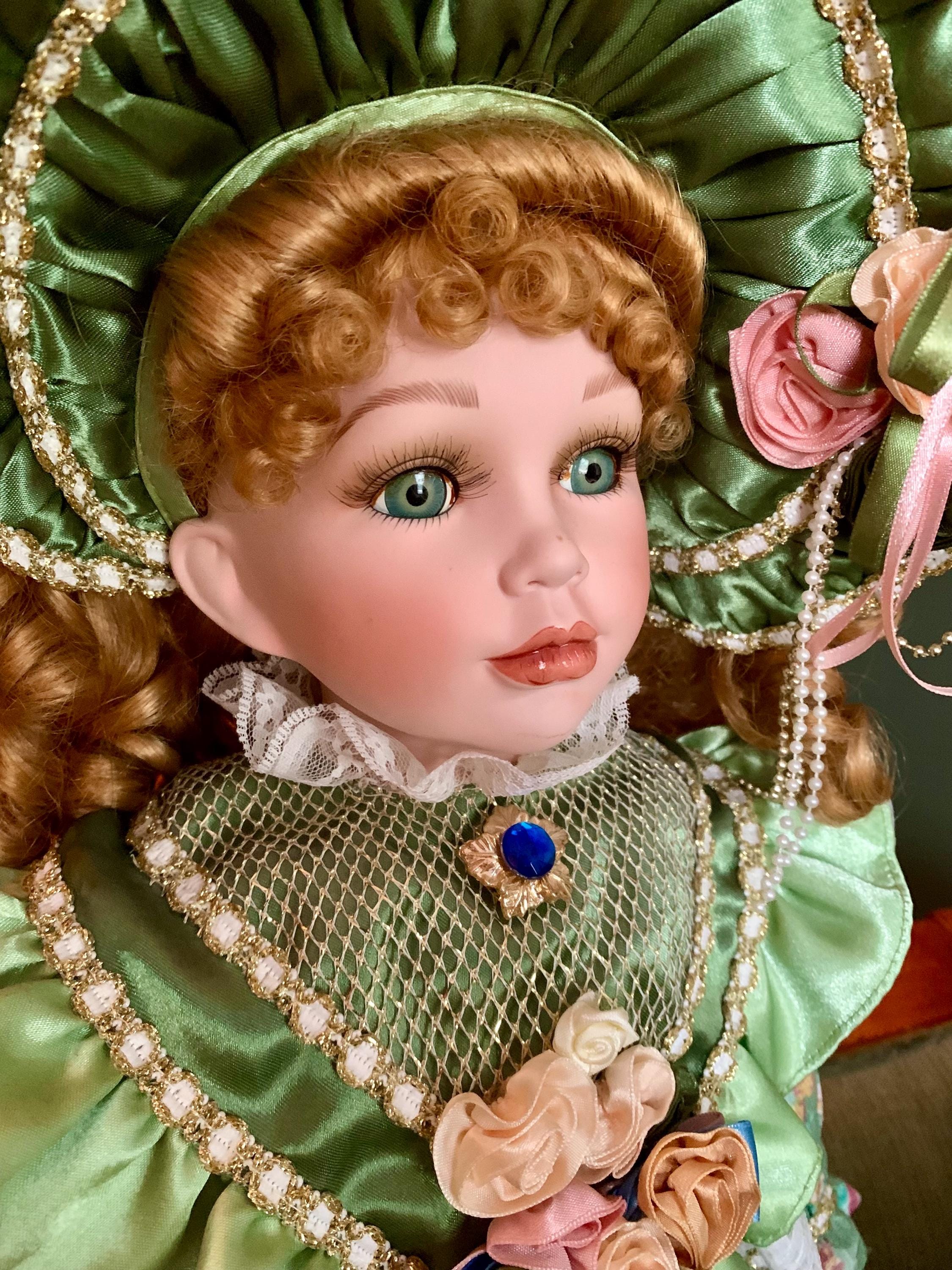 porcelain doll green dress Vintage Victorian Porcelain Doll in a Green Dress Christmas Holiday Doll main image 1