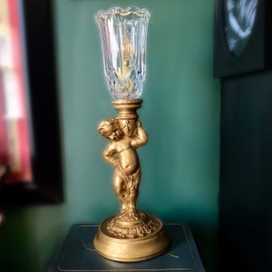Elegant Victorian Cherub Table Lamp - Brass Base with Crystal Glass Shade - Classic Home Decor