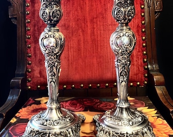 Ornate Antique Candle Holders - (1915) Pair of Victorian Rose Silver Candlesticks