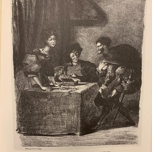 May include: A black and white illustration of a group of people sitting around a table. The people are dressed in 17th-century clothing. The text "MEPHISTOPHELES: I make so free and come right in; Ladies, excuse the liberty!" is at the bottom of the image.
