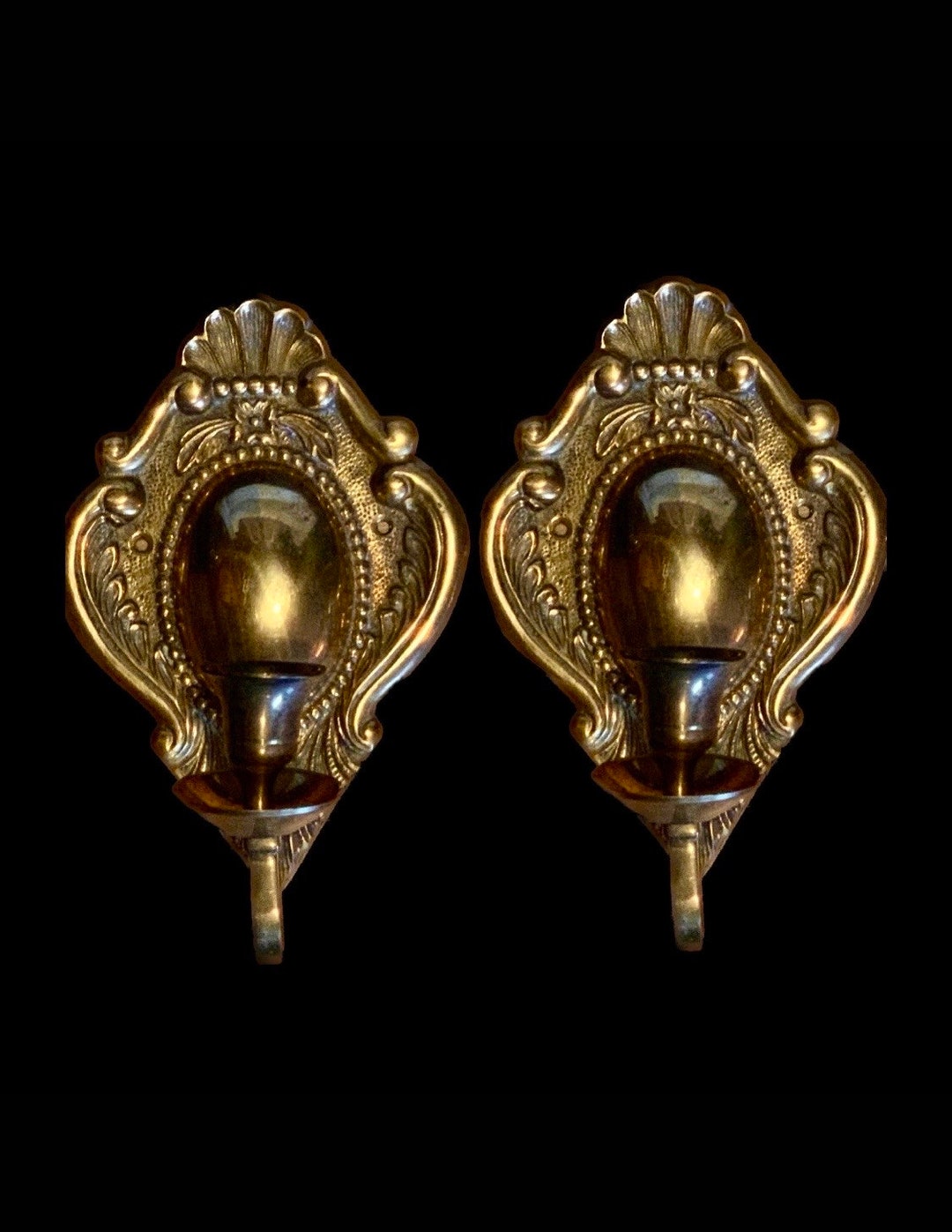 Pair of Vintage Candle Wall Sconces Ornate Decorative Brass Candle