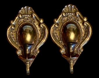 Pair of Vintage Candle Wall Sconces - Ornate Decorative Brass Candle Holders for Victorian Decor