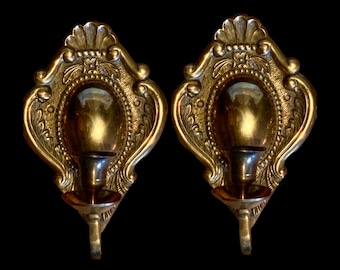 Pair of Vintage Candle Wall Sconces - Ornate Decorative Brass Candle Holders for Victorian Decor