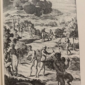 A black and white engraving depicting a scene from the Garden of Eden. The engraving shows a man and woman standing in a garden with a serpent and a devil. The man and woman are naked and the serpent is wrapped around a tree. The devil is standing on his hind legs and has wings and horns. The engraving is set against a background of trees and clouds.