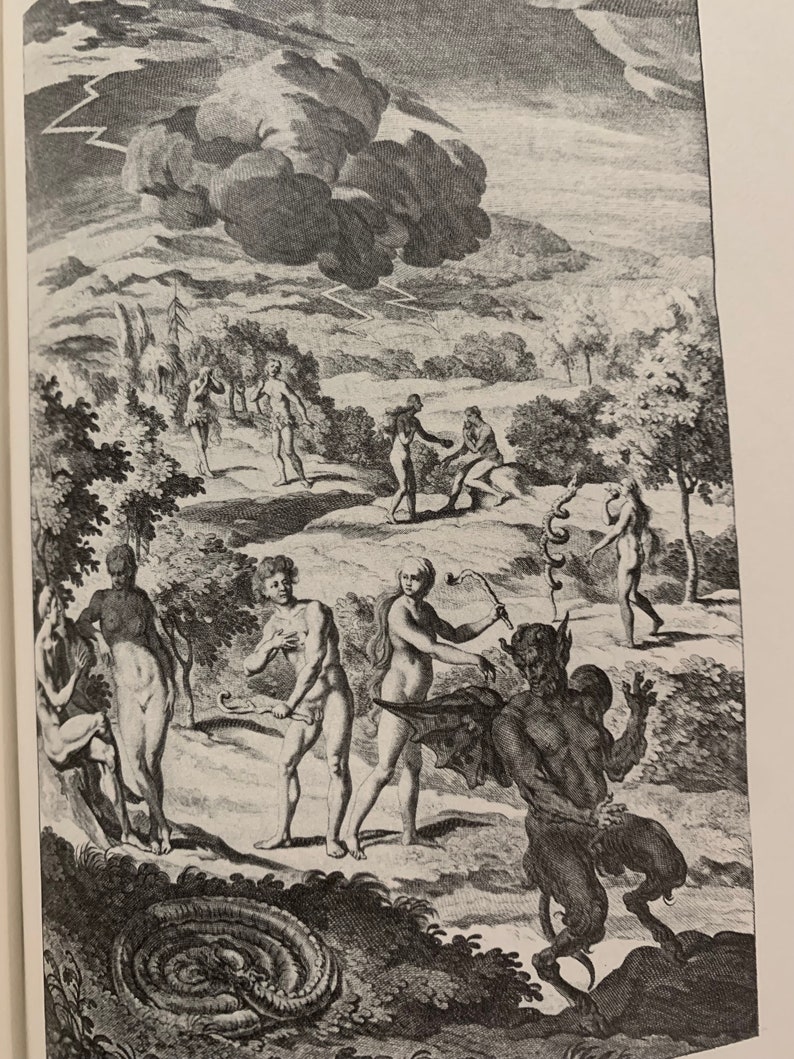 A black and white engraving depicting a scene from the Garden of Eden. The engraving shows a man and woman standing in a garden with a serpent and a devil. The man and woman are naked and the serpent is wrapped around a tree. The devil is standing on his hind legs and has wings and horns. The engraving is set against a background of trees and clouds.