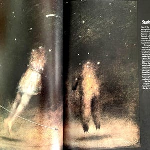 May include: A black and white illustration of a bear and a young girl standing in a starry night sky. The girl is holding a bow and arrow. The text "Starbound Beasts" is written in the upper right corner of the image.