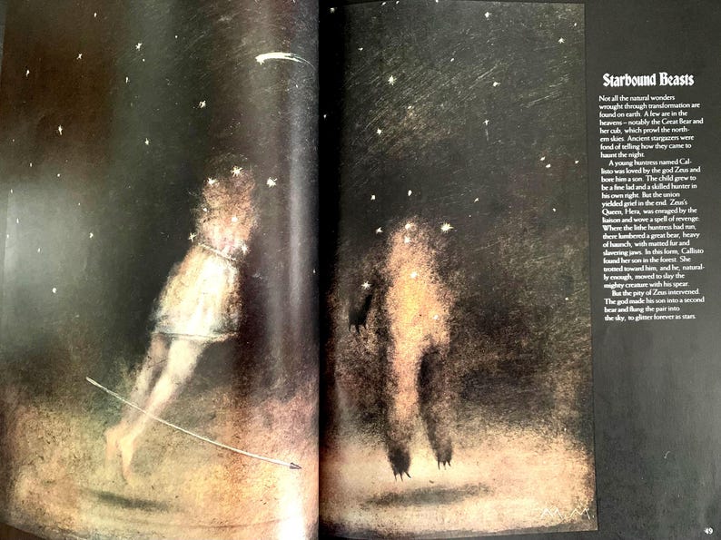 May include: A black and white illustration of a bear and a young girl standing in a starry night sky. The girl is holding a bow and arrow. The text "Starbound Beasts" is written in the upper right corner of the image.