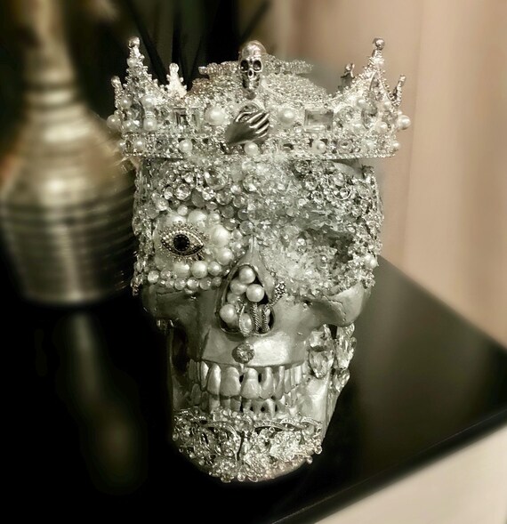 Jeweled Gothic Skull With Crown: Handmade Silver Macabre Art  display picture 2