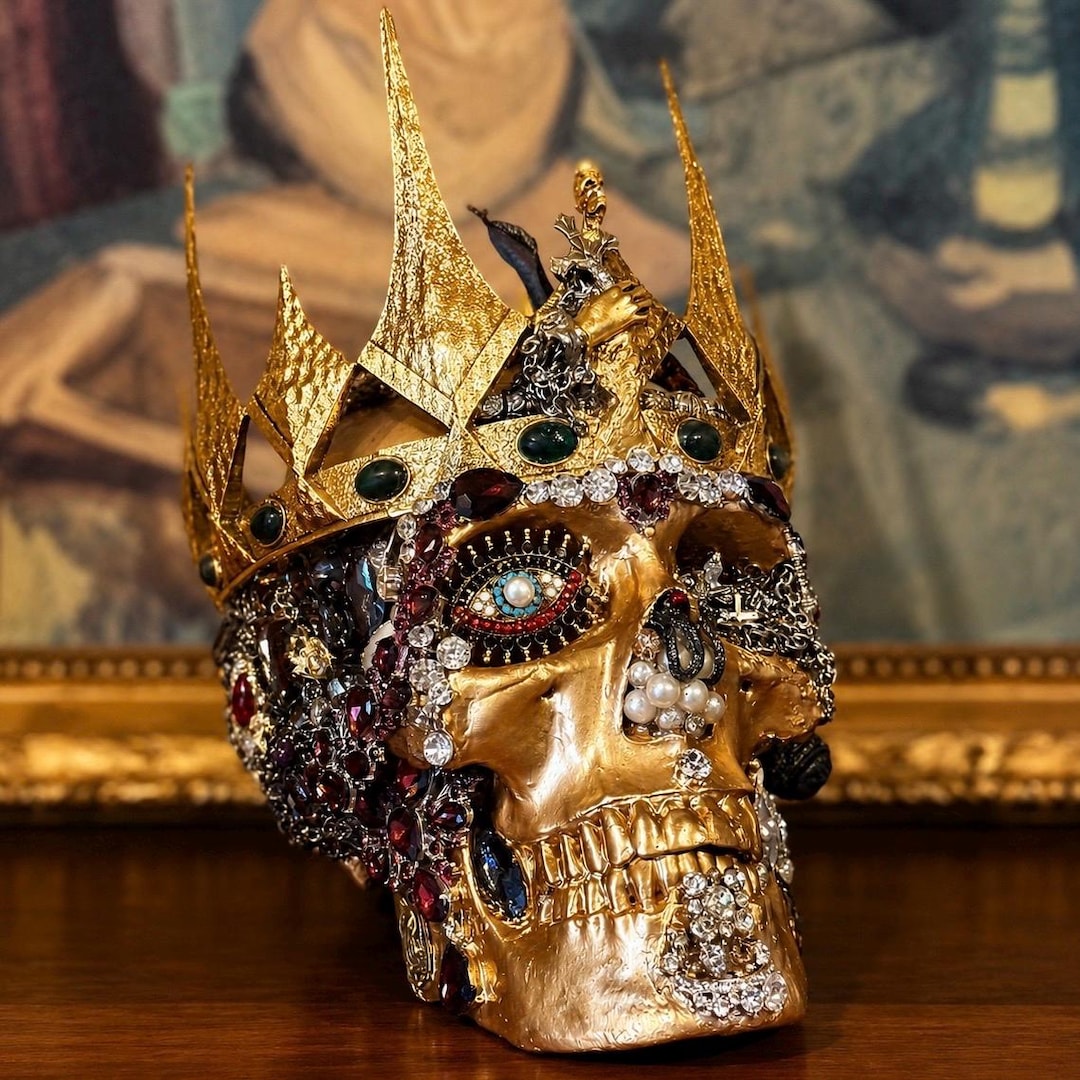 Bejeweled Gothic Skull Reliquary: Handcrafted Macabre Art Decor