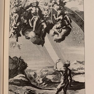 A black and white engraving of a scene from the Bible. A man with a beard and long hair is ascending to heaven on a cloud. He is surrounded by angels and a cross. Below him, a man with horns and a tail is looking up at him. The scene is set in a landscape with hills and trees.