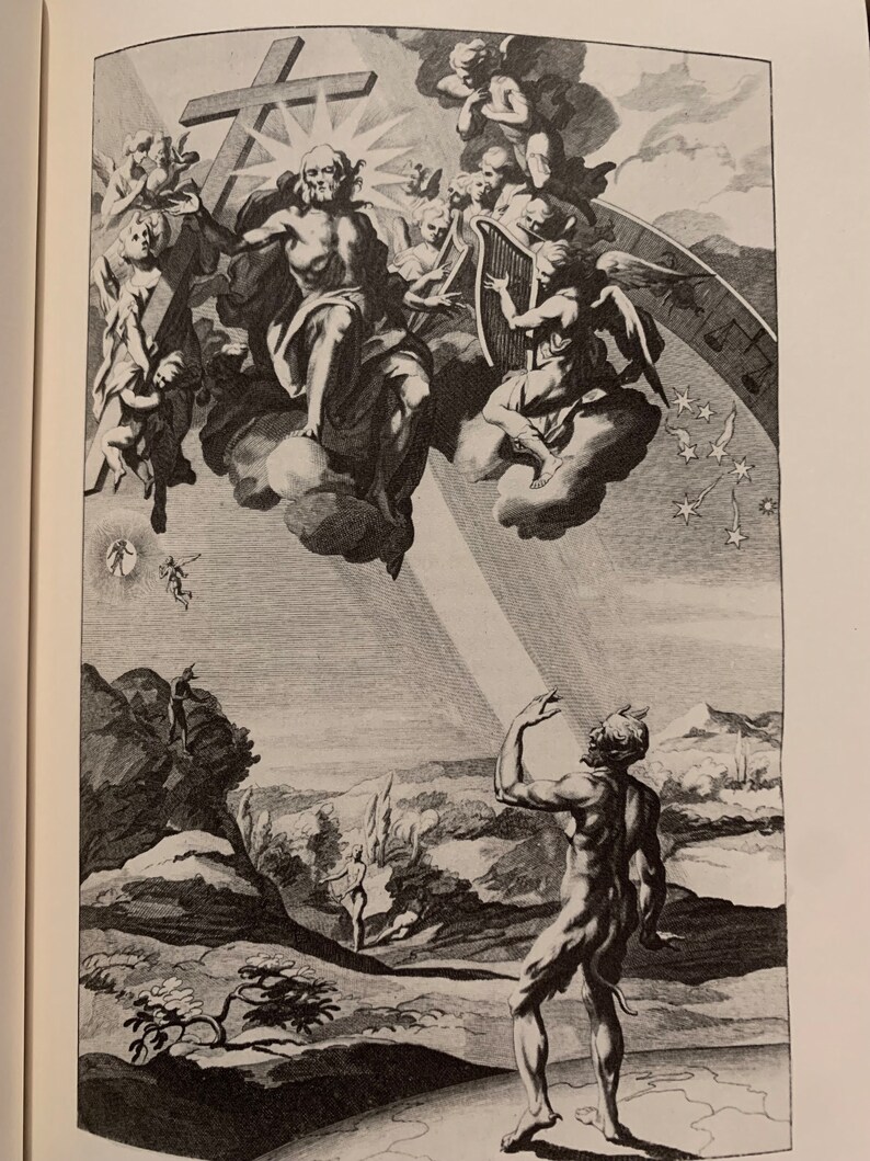 A black and white engraving of a scene from the Bible. A man with a beard and long hair is ascending to heaven on a cloud. He is surrounded by angels and a cross. Below him, a man with horns and a tail is looking up at him. The scene is set in a landscape with hills and trees.