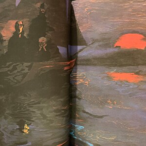 Dark-toned illustration from Heart of Darkness by Joseph Conrad – Easton Press edition. Shows three figures in a canoe or small boat on a shadowy river, with red and orange reflections. Evokes the eerie river journey into the Congo.
