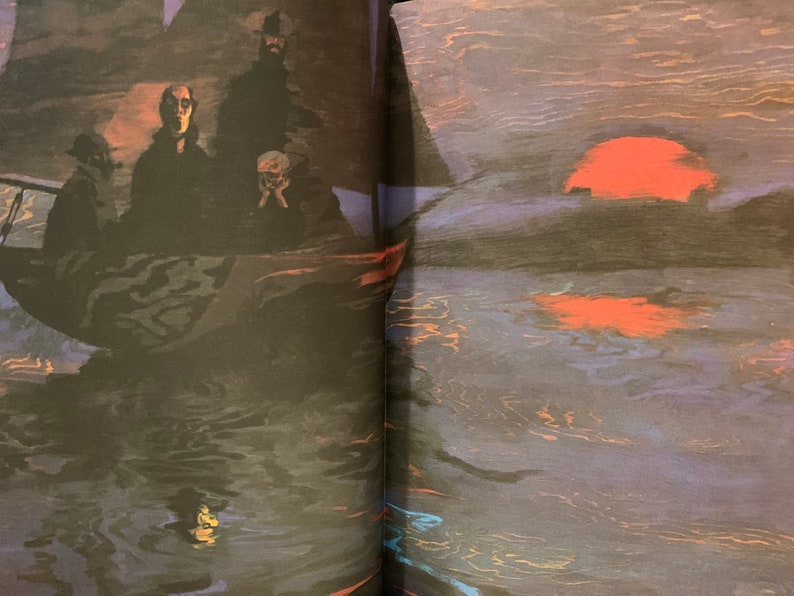 Dark-toned illustration from Heart of Darkness by Joseph Conrad – Easton Press edition. Shows three figures in a canoe or small boat on a shadowy river, with red and orange reflections. Evokes the eerie river journey into the Congo.