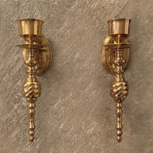 Elegant Pair of Vintage Brass Wall Sconces - Hand Forged Gold Candlestick Holders