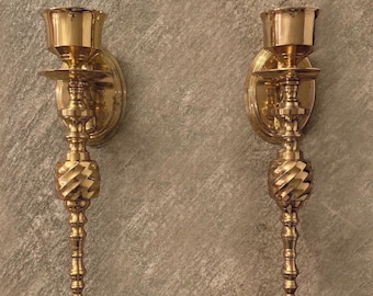 Elegant Pair of Vintage Brass Wall Sconces - Hand Forged Gold Candlestick Holders