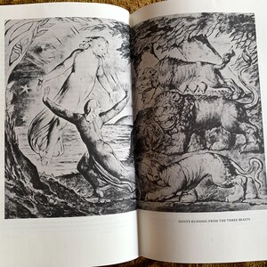 May include: A black and white illustration of a scene from Dante's Inferno. A man runs away from three beasts: a lion, a leopard, and a she-wolf. The text "Dante Running from the Three Beasts" is at the bottom of the image.