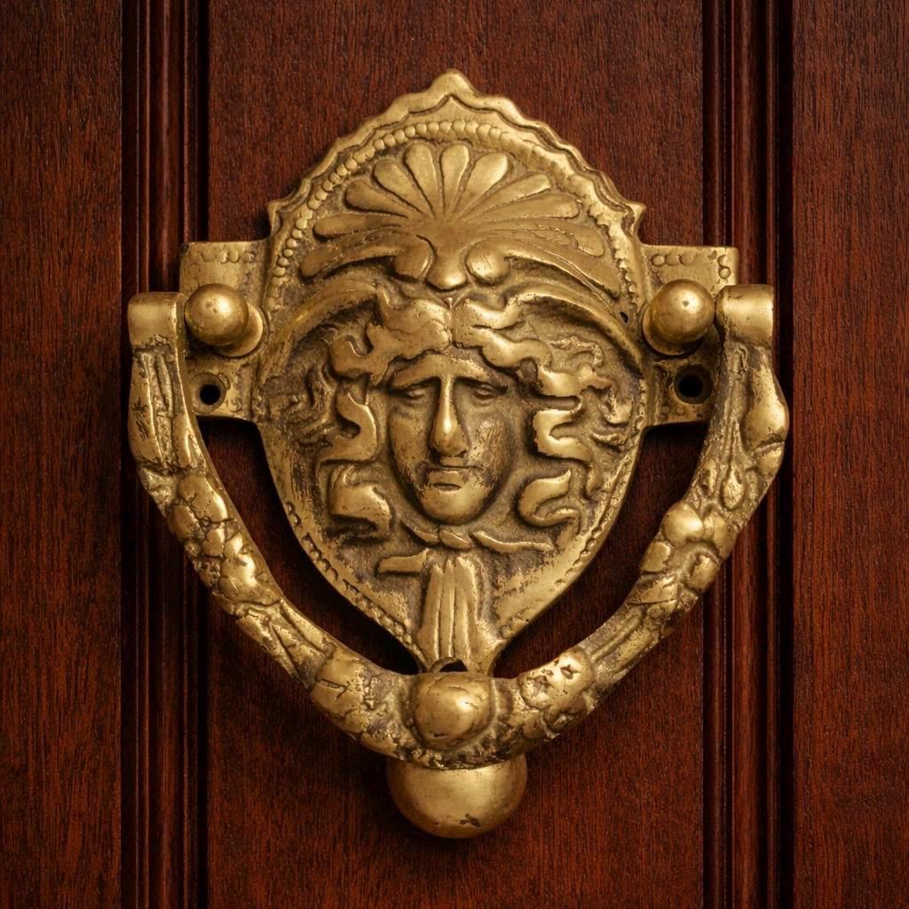 Antique Brass Door Knocker – Ornate Mythological Face Green Man