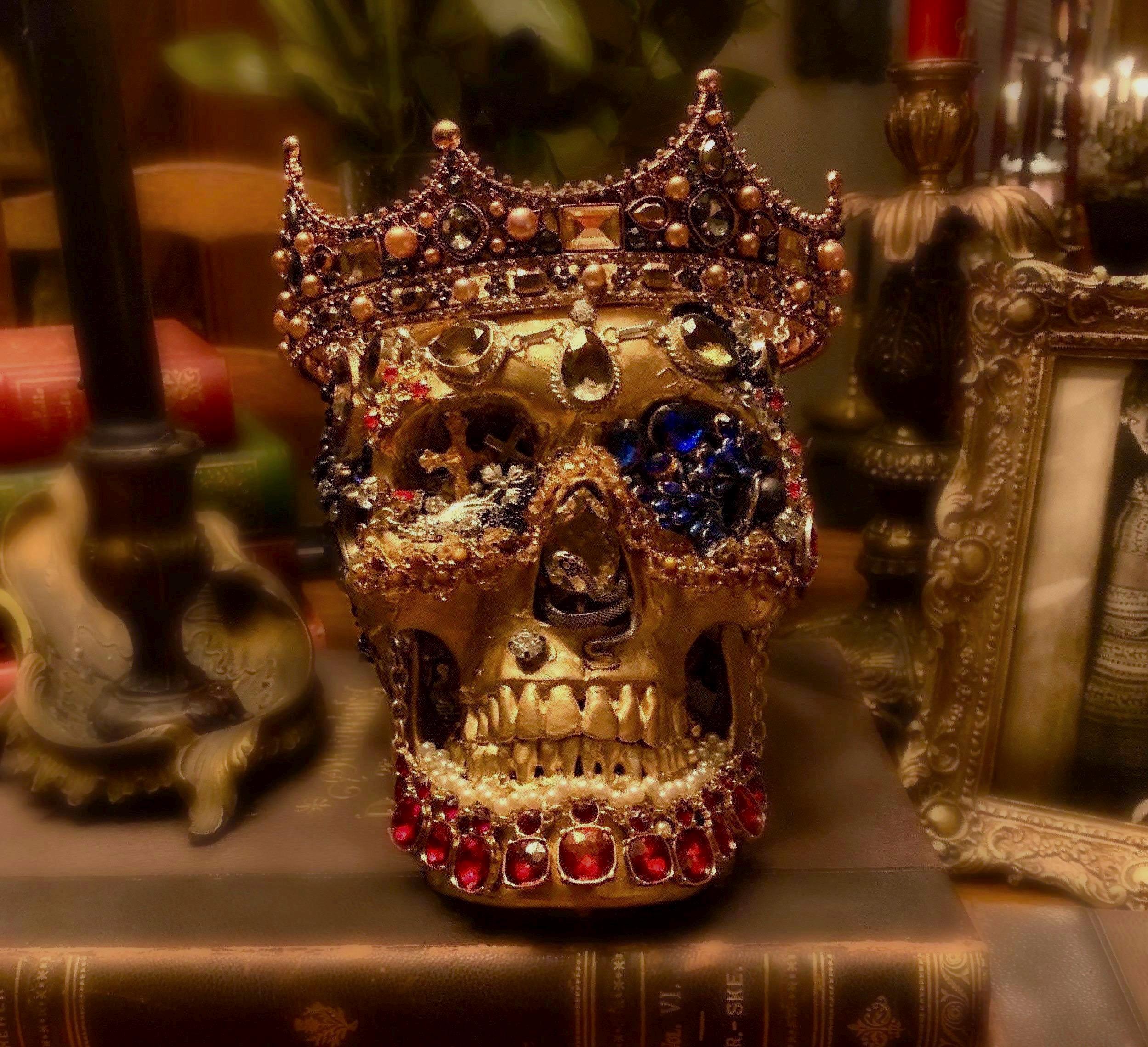 Bejeweled Gothic Skull Reliquary: Handcrafted Macabre Art Decor