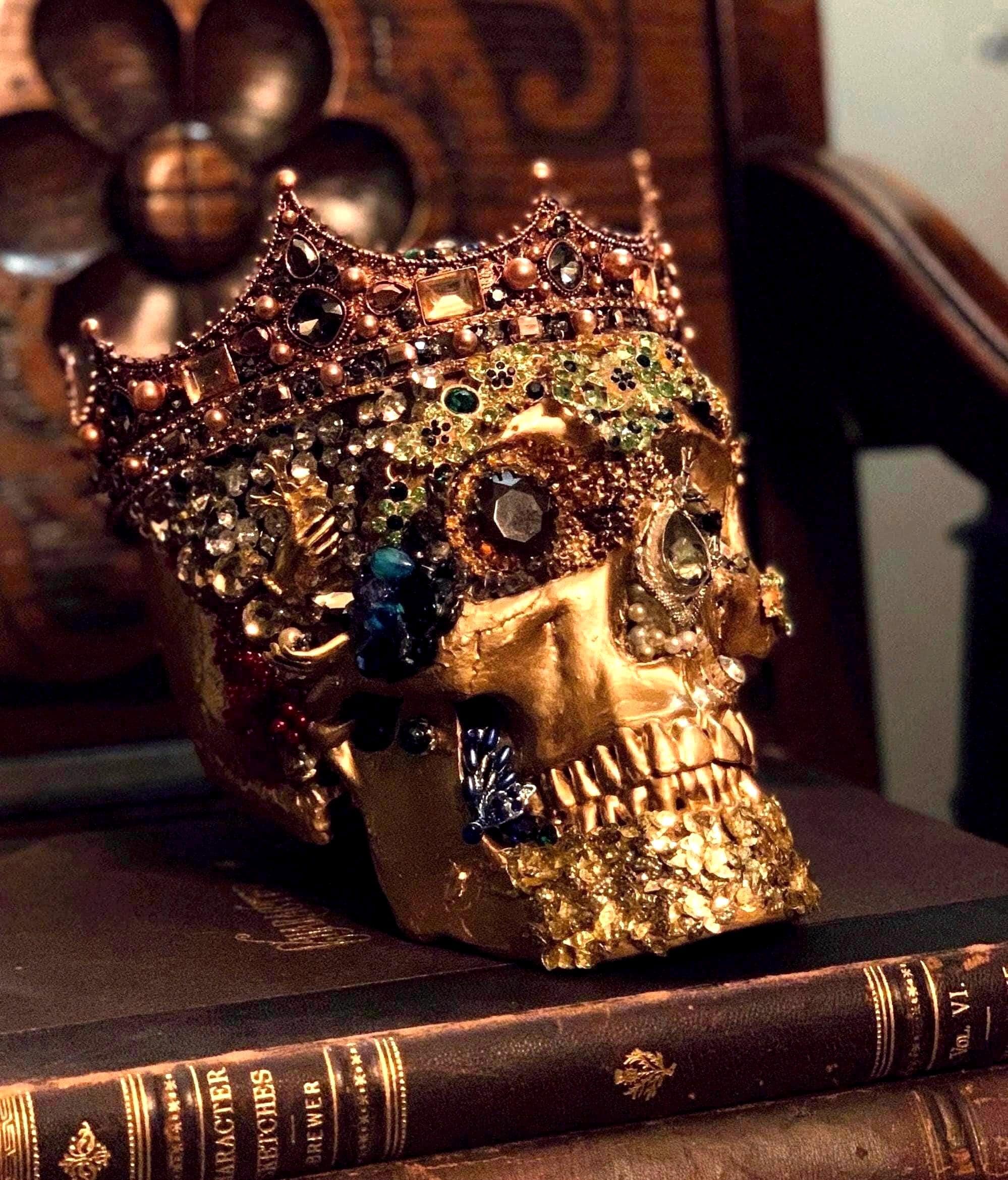 Bejeweled Gothic Skull Reliquary: Handcrafted Macabre Art Decor