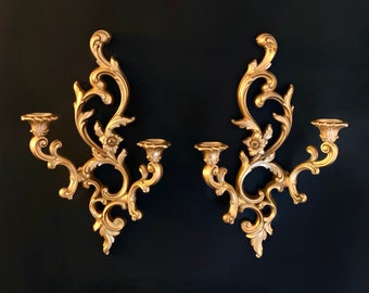 Vintage Double Candle Wall Sconces - Pair of Elegant Syroco Wood Gold Candle Holders for Home Decor