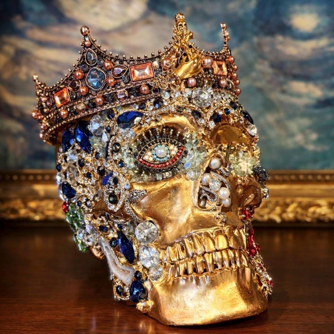 Bejeweled Gothic Skull Reliquary: Handcrafted Macabre Art Decor