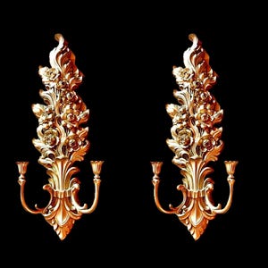 Paar Vintage Wandleuchten - Siroco Gold Rokoko Floral Doppelarm-Kerzenhalter