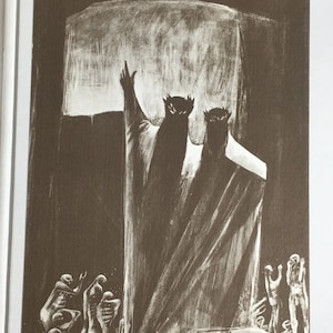 May include: A black and white illustration of two figures with their arms raised, standing in front of a crowd of people. The figures are wearing robes and have large, dark eyes. The crowd is looking up at the figures.
