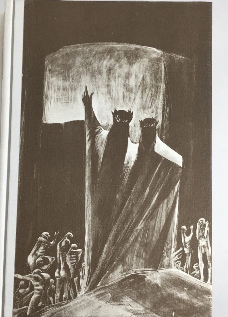 May include: A black and white illustration of two figures with their arms raised, standing in front of a crowd of people. The figures are wearing robes and have large, dark eyes. The crowd is looking up at the figures.