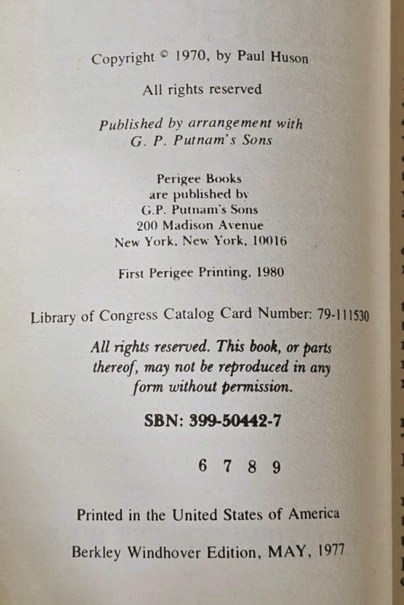 Puede incluir: P&aacute;gina de un libro con informaci&oacute;n de derechos de autor de 1970 por Paul Huson, publicado por G.P. Putnam's Sons. El texto incluye el n&uacute;mero de la tarjeta de cat&aacute;logo de la Biblioteca del Congreso y el ISBN.