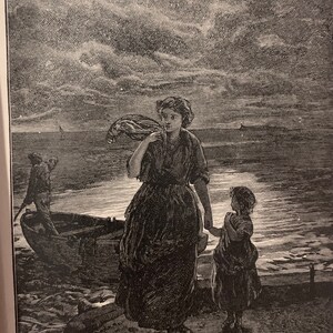 May include: A black and white illustration depicts a woman and child standing on a shore, facing the sea. The woman carries a bundle over her shoulder. A boat with a person is in the background, under a cloudy sky.