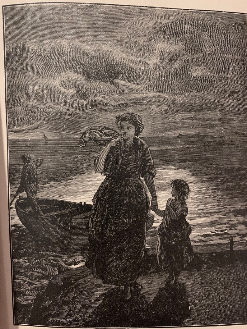 May include: A black and white illustration depicts a woman and child standing on a shore, facing the sea. The woman carries a bundle over her shoulder. A boat with a person is in the background, under a cloudy sky.
