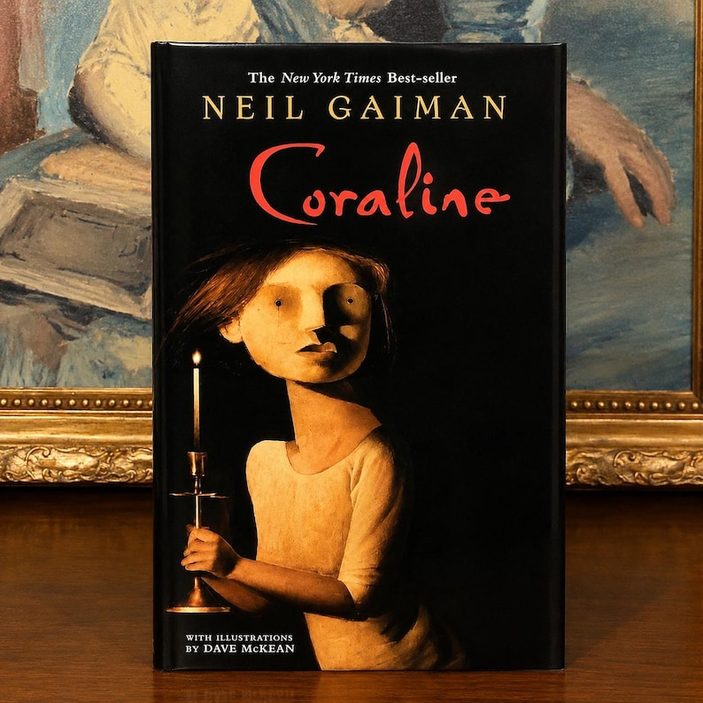 May include: A hardcover book titled Coraline by Neil Gaiman with a black dust jacket. The cover features an illustration of a pale figure holding a lit candle against a dark background. The text reads The New York Times Best-seller and With Illustrations by Dave McKean.