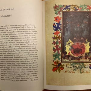 A page from a book with a description of the mouth of hell. The text reads 'Office of the Dead, 99. Mouth of Hell.' The text describes the mouth of hell as a blue-green head with a rectangular window that opens into a fiery interior. The text also describes the mouth of hell as having two towers that are actually furnaces whose fires heat caldrons into which demons cast the mutilated bodies of sinners.