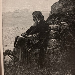 May include: A detailed black and white illustration depicts a seated, elderly figure with a long beard, wearing a hooded robe. The figure is positioned on a rocky outcrop, gazing towards the sea. A small bird flies in the distance, and the scene evokes a sense of contemplation.