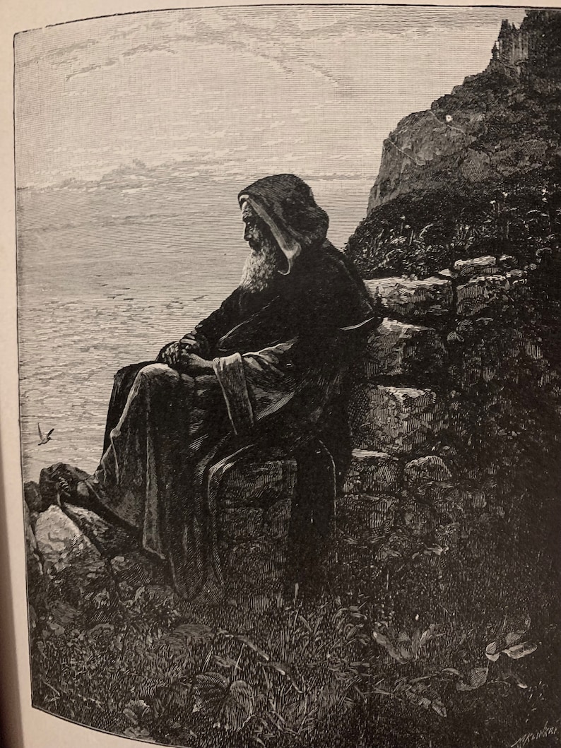 May include: A detailed black and white illustration depicts a seated, elderly figure with a long beard, wearing a hooded robe. The figure is positioned on a rocky outcrop, gazing towards the sea. A small bird flies in the distance, and the scene evokes a sense of contemplation.