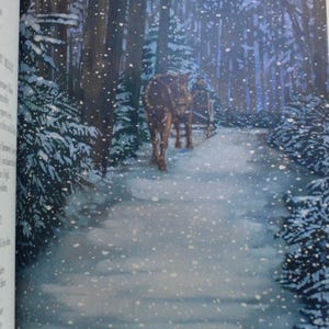 A horse-drawn carriage travels through a snowy forest. The horse is brown and the carriage is dark brown. The forest is filled with tall trees and snow is falling from the sky.