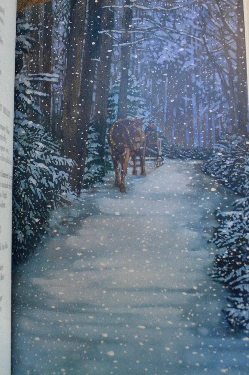 A horse-drawn carriage travels through a snowy forest. The horse is brown and the carriage is dark brown. The forest is filled with tall trees and snow is falling from the sky.