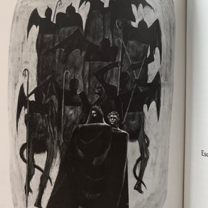 May include: A black and white illustration of a person in a hooded cloak standing in front of a group of figures with wings and staffs. The figures are in a shadowy, ethereal setting.