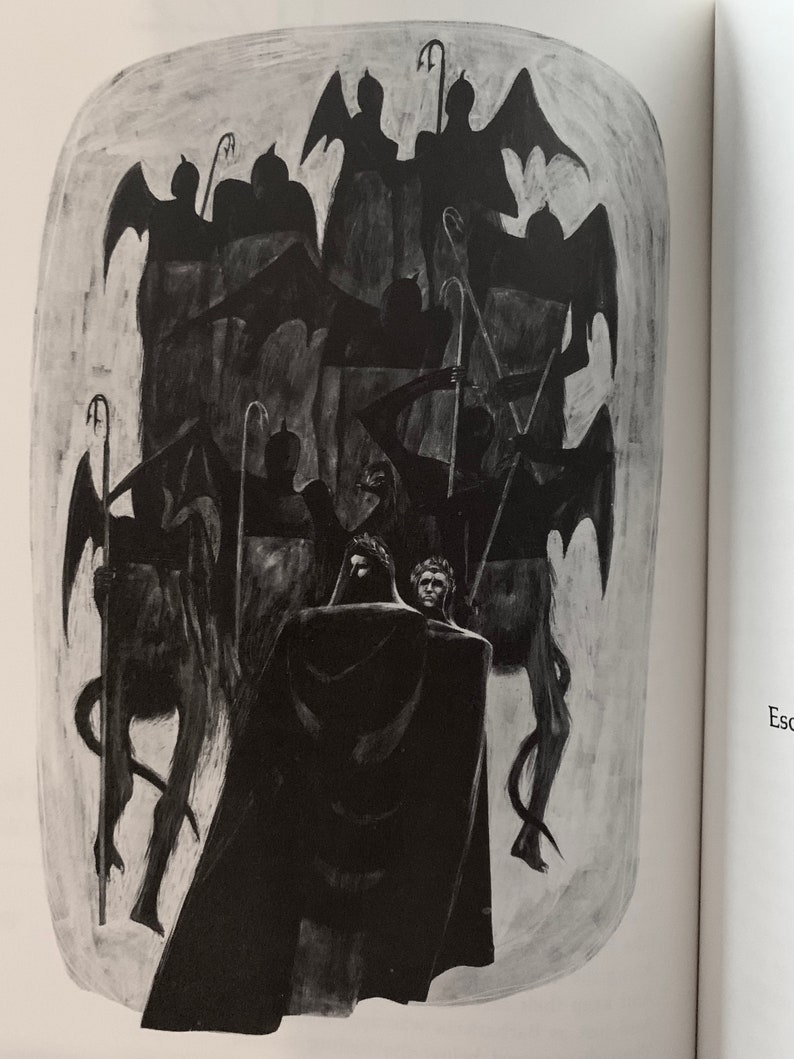 May include: A black and white illustration of a person in a hooded cloak standing in front of a group of figures with wings and staffs. The figures are in a shadowy, ethereal setting.