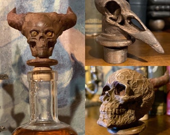 Set of 3 Wooden Bottle Stoppers - Gothic Hand Carved Skull, Devil, and Plague Doctor Mask