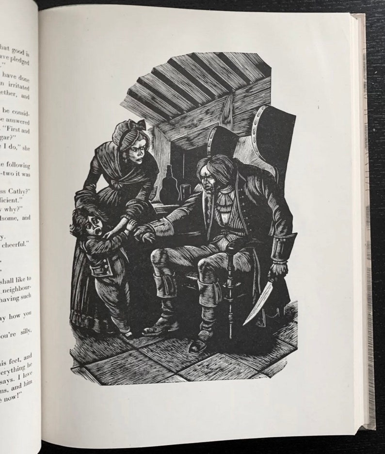 Peut inclure: Une illustration de livre en noir et blanc repr&eacute;sentant une personne assise en costume d'&eacute;poque tenant un couteau, tandis qu'une personne debout portant un bonnet et un petit enfant regardent. La sc&egrave;ne est rendue avec des hachures d&eacute;taill&eacute;es.