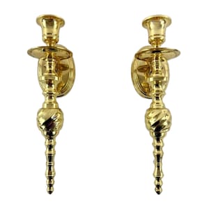 Vintage Pair of Brass Candle Wall Sconces - Hand Forged Gold Regency Style Candlestick Holders